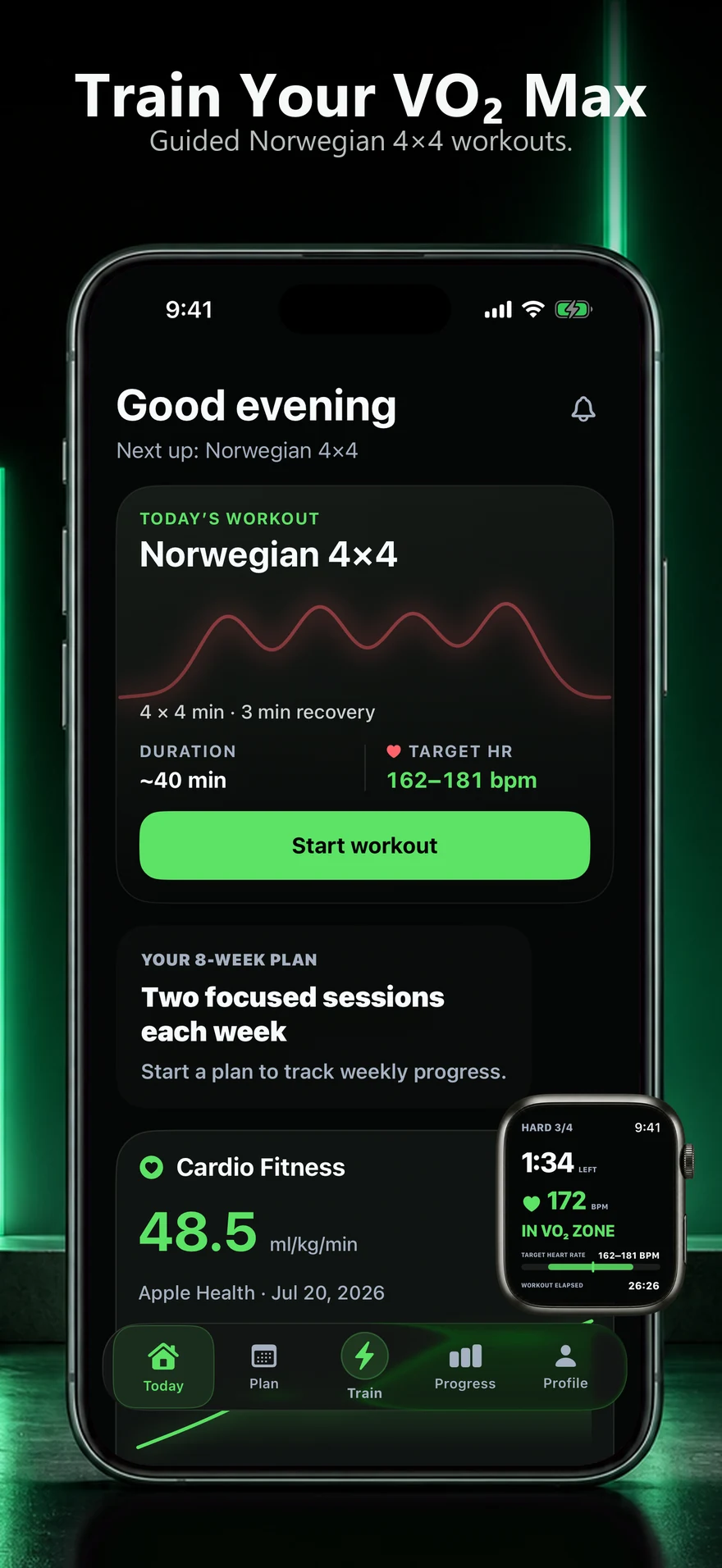 Real Ramp4x4 iPhone and Apple Watch screens showing a guided Norwegian 4x4 workout and live heart-rate coaching.