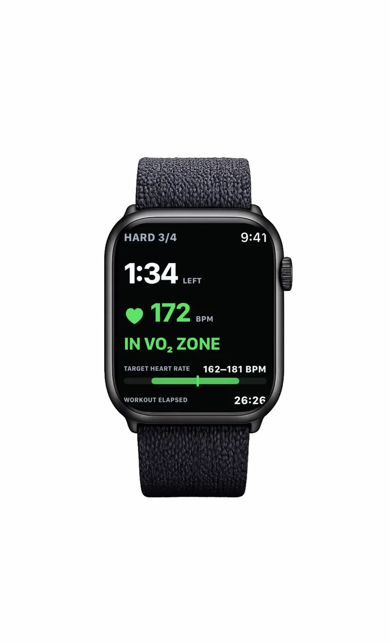 Ramp4x4 on Apple Watch during hard interval 3 of 4, showing 172 BPM inside the VO2 target zone.